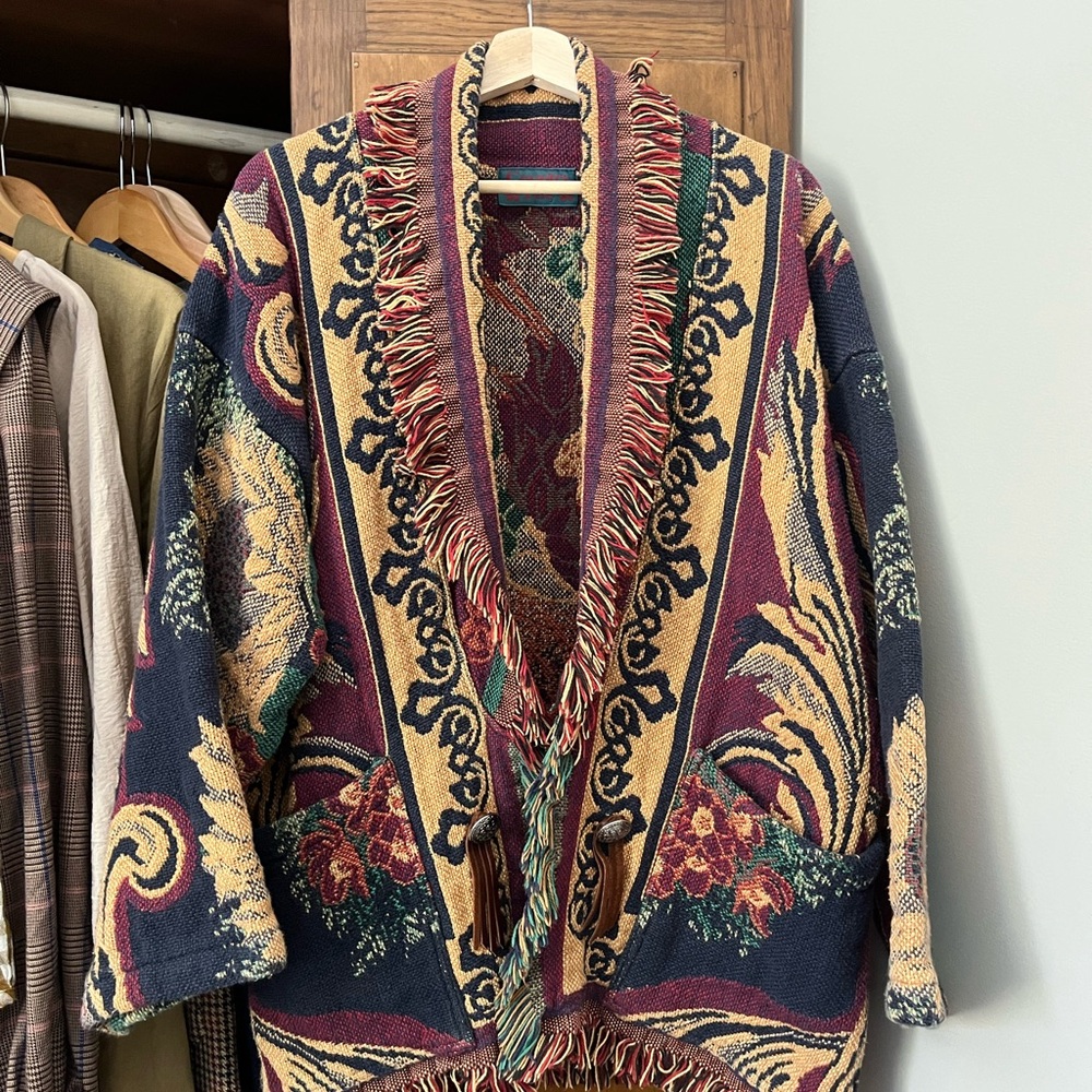 Tapestry Sunflower Floral Knit Cardigan - Green, Burgundy, Gold - Picture 2 of 4